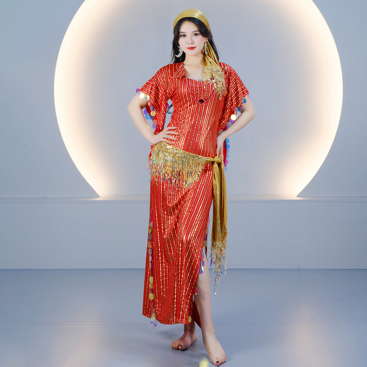 Egyptian-style Saidi Robe for Cane Dance and Folkloric Baladi with Features Sequins and Metallic Foil Stripes