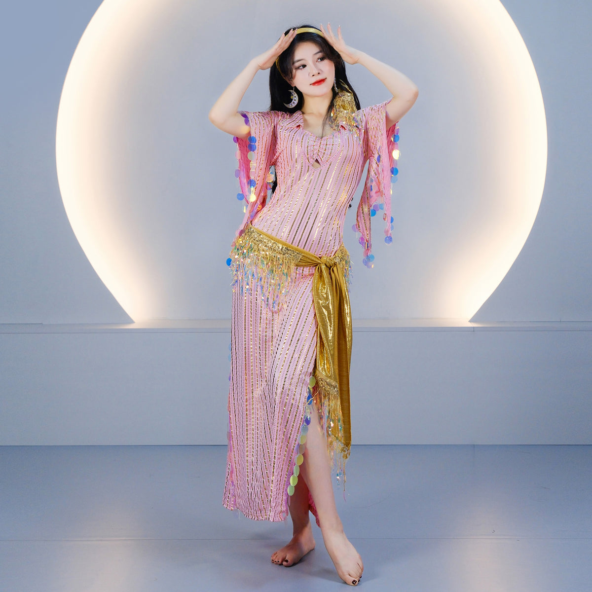 Egyptian-style Saidi Robe for Cane Dance and Folkloric Baladi with Features Sequins and Metallic Foil Stripes