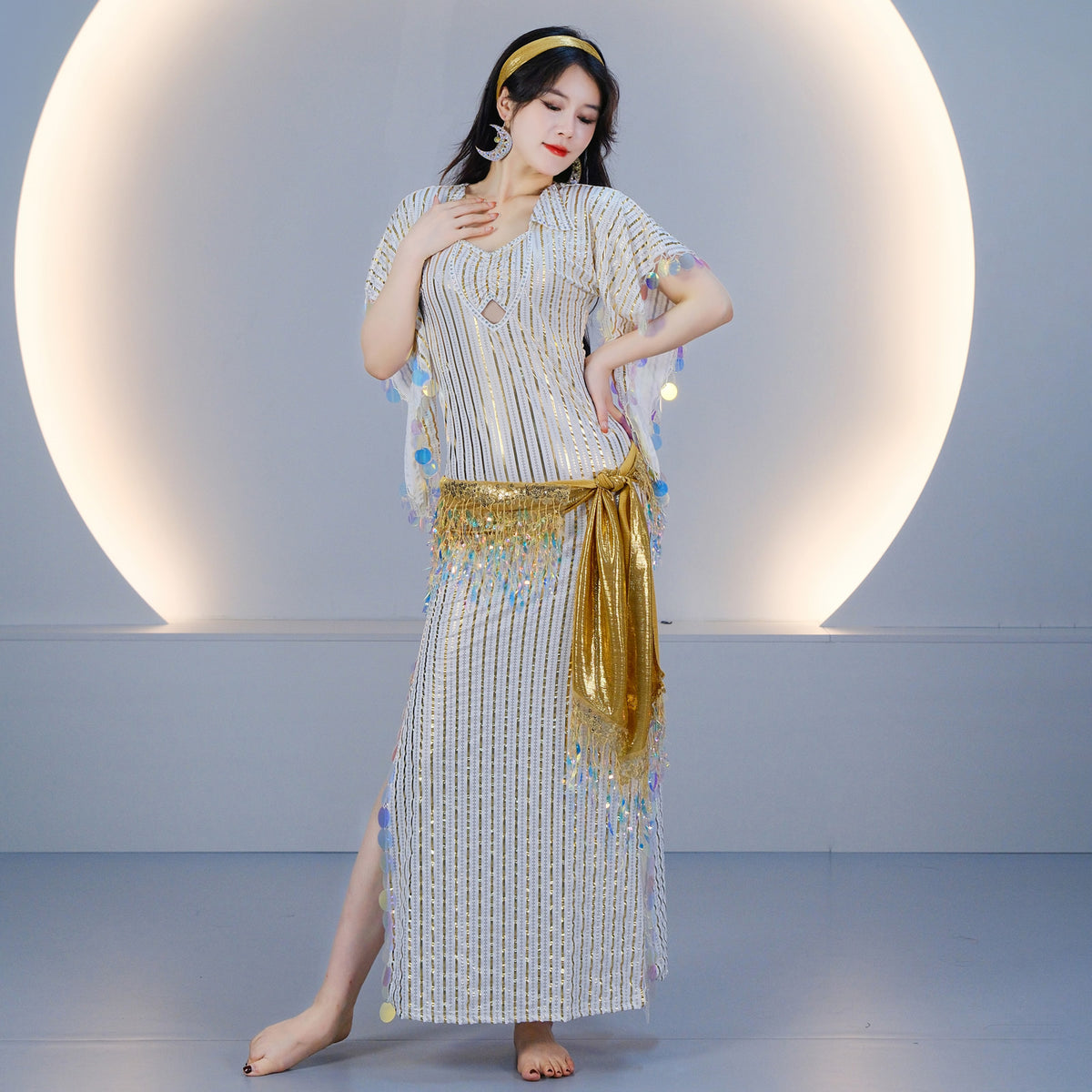 Egyptian-style Saidi Robe for Cane Dance and Folkloric Baladi with Features Sequins and Metallic Foil Stripes