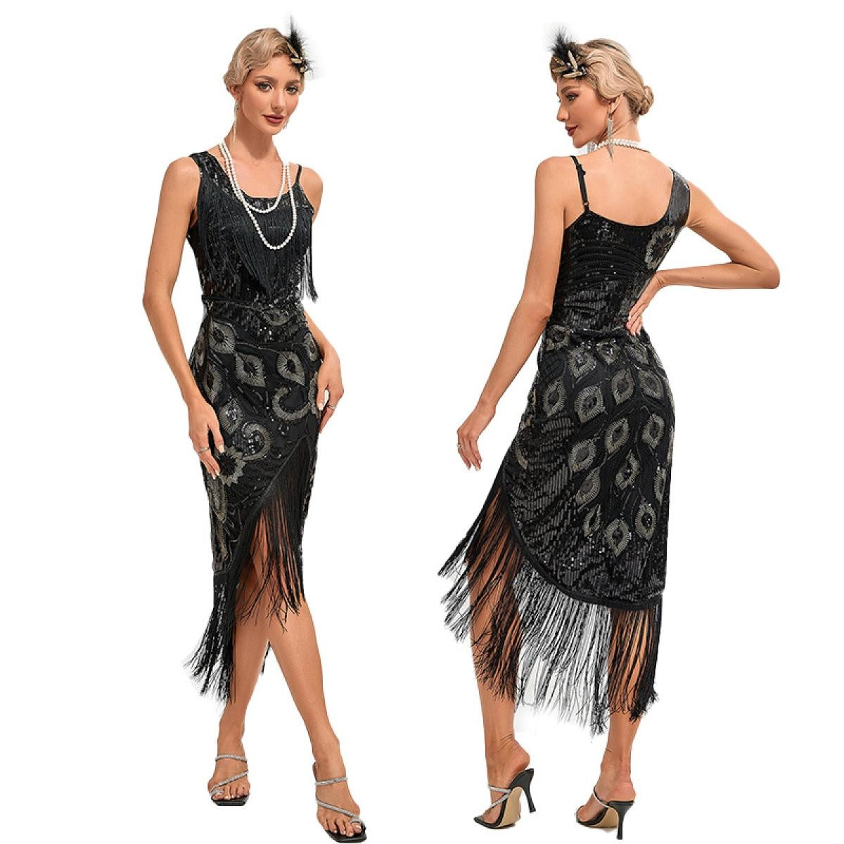 1920s Vintage Great Gatsby Party Flapper Dress Sleeveless Sequins Tassel Dresses Cocktail Prom Size XS-3XL Long Skirt