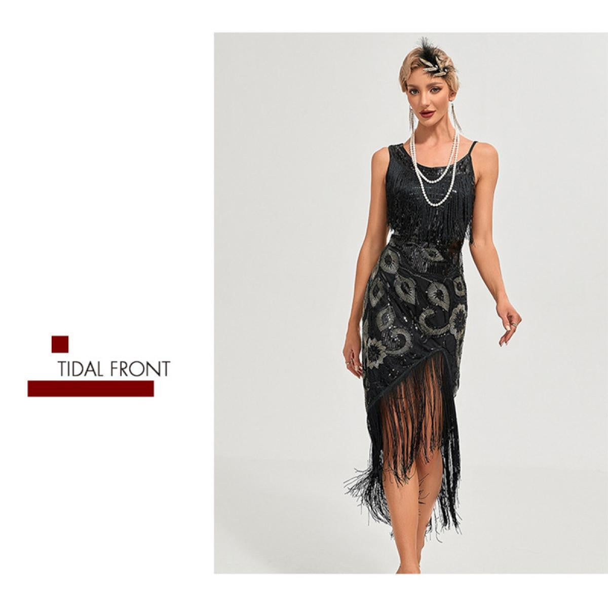 1920s Vintage Great Gatsby Party Flapper Dress Sleeveless Sequins Tassel Dresses Cocktail Prom Size XS-3XL Long Skirt
