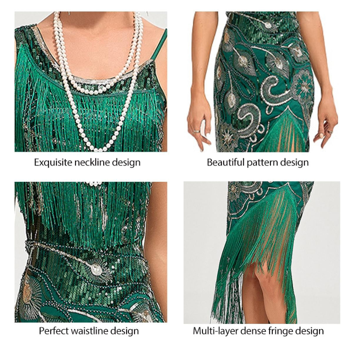 1920s Vintage Great Gatsby Party Flapper Dress Sleeveless Sequins Tassel Dresses Cocktail Prom Size XS-3XL Long Skirt