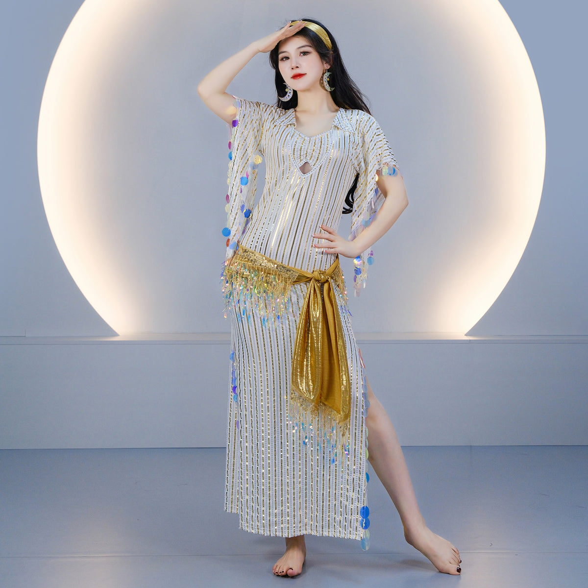 Egyptian-style Saidi Robe for Cane Dance and Folkloric Baladi with Features Sequins and Metallic Foil Stripes