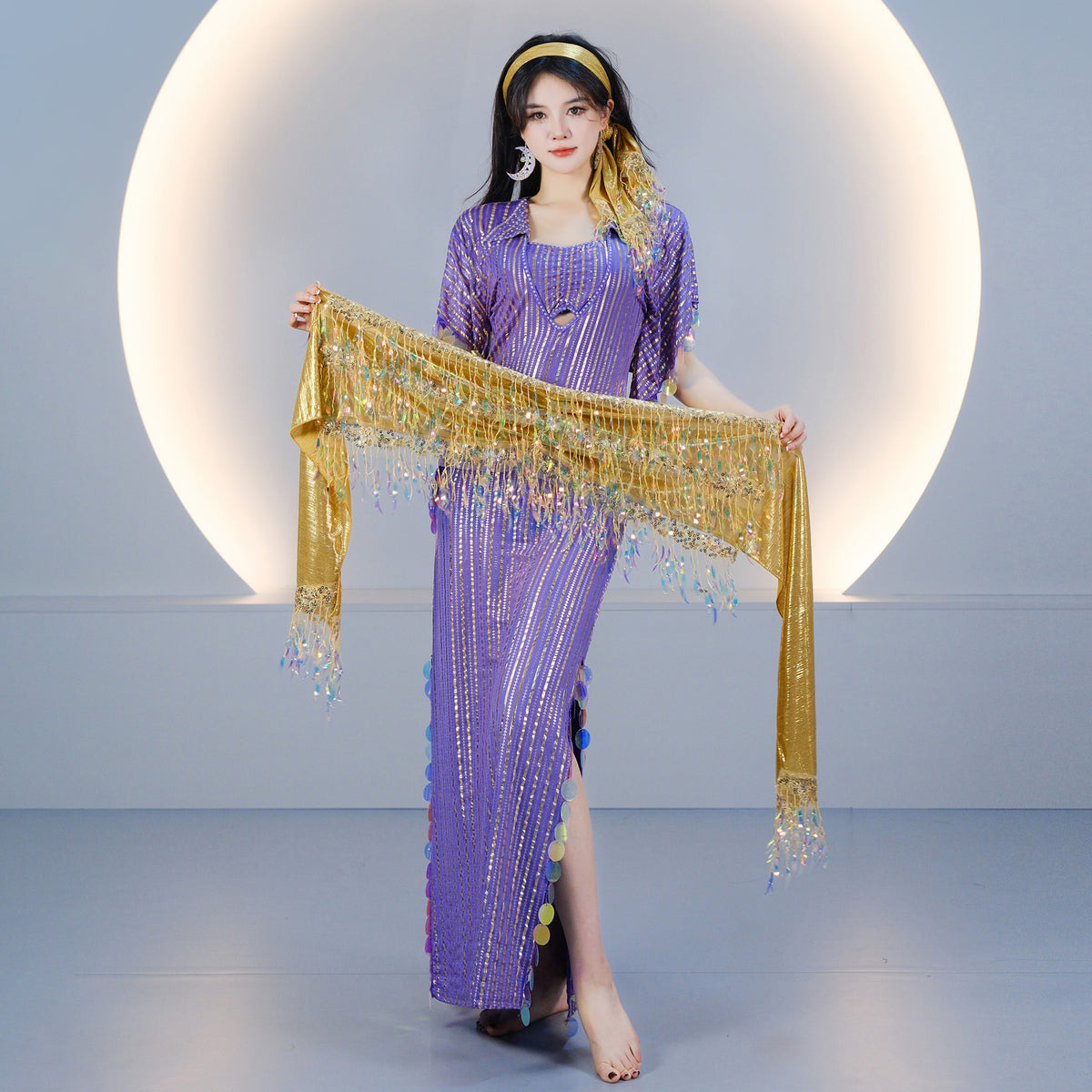 Egyptian-style Saidi Robe for Cane Dance and Folkloric Baladi with Features Sequins and Metallic Foil Stripes