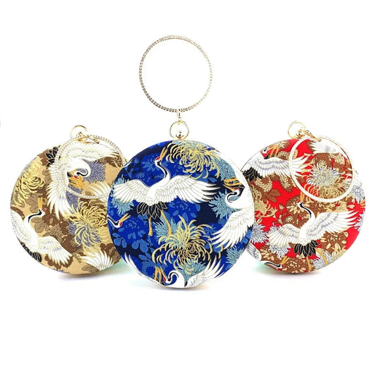 Womens Evening Bag Clutch Purse Luxury Handbag Embroidery Wedding Bag Crane-Print Small Round Evening Bag