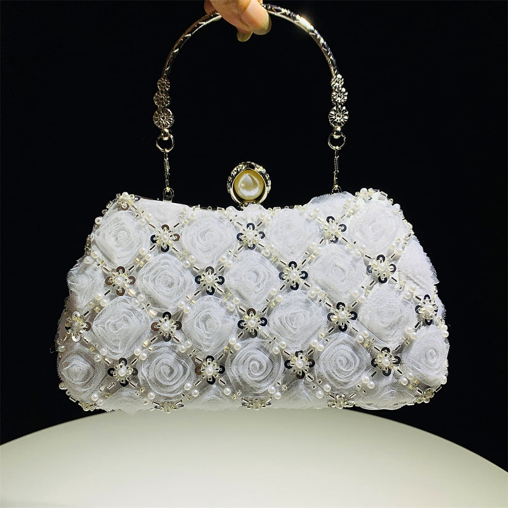 Fashion Evening Handbag Wedding Purses for Women with Handmade Flower Beads for Banquets, Weddings and Parties