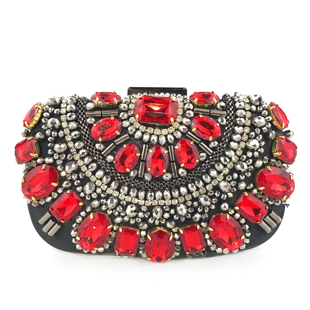 Womens Evening Clutch Purse Handbag Heavy Beaded Embroidered Evening Bag with Rhinestones