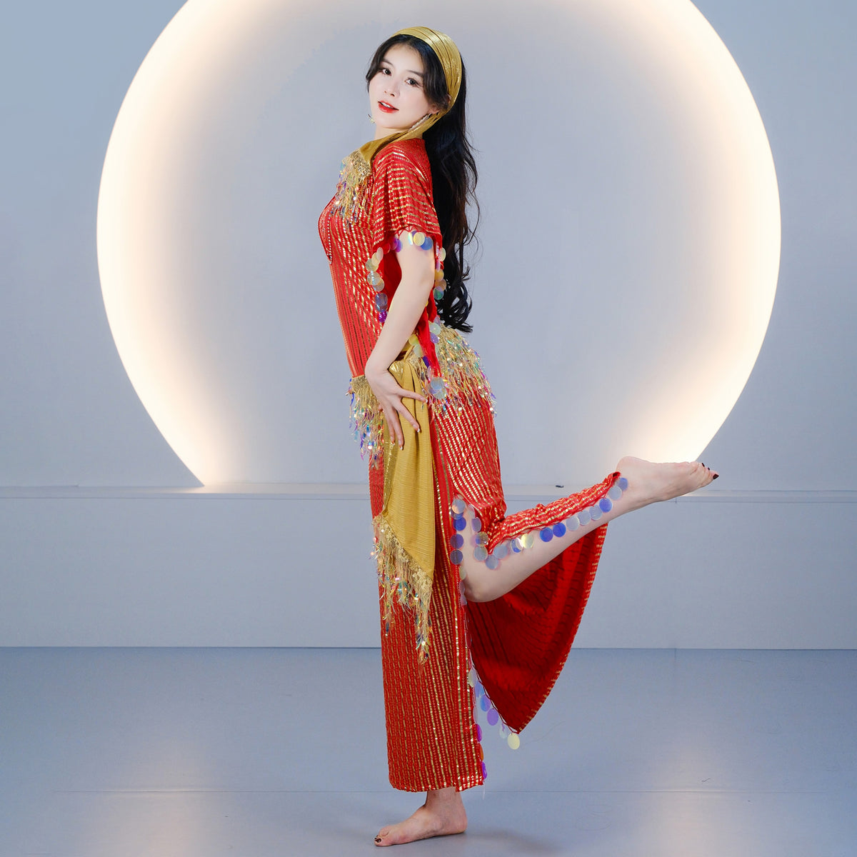 Egyptian-style Saidi Robe for Cane Dance and Folkloric Baladi with Features Sequins and Metallic Foil Stripes