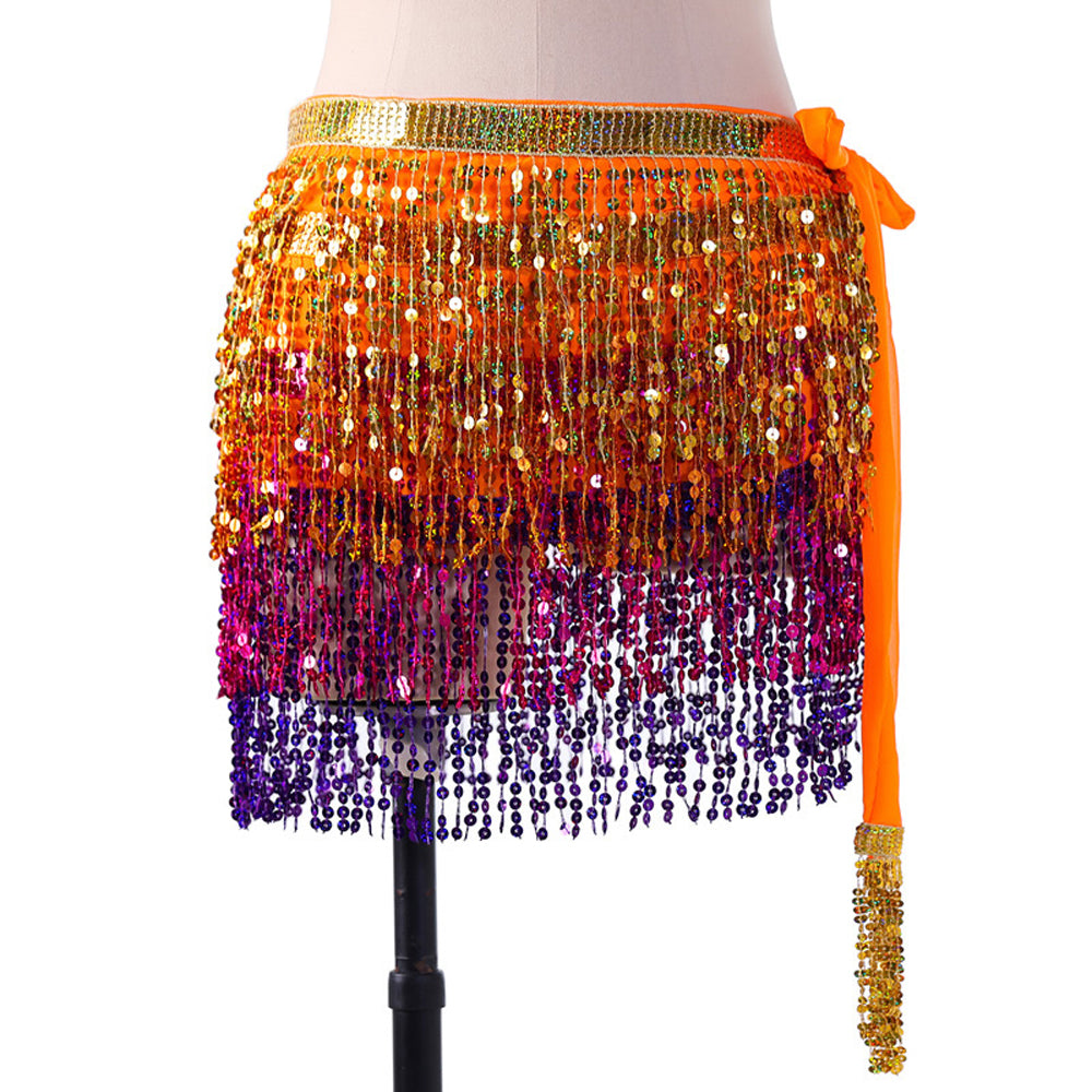 Sequined Fringed 4-Layers Drawstring Closure Belly Dance Waist Chain Skirt Hip Scarf Latin Skirt