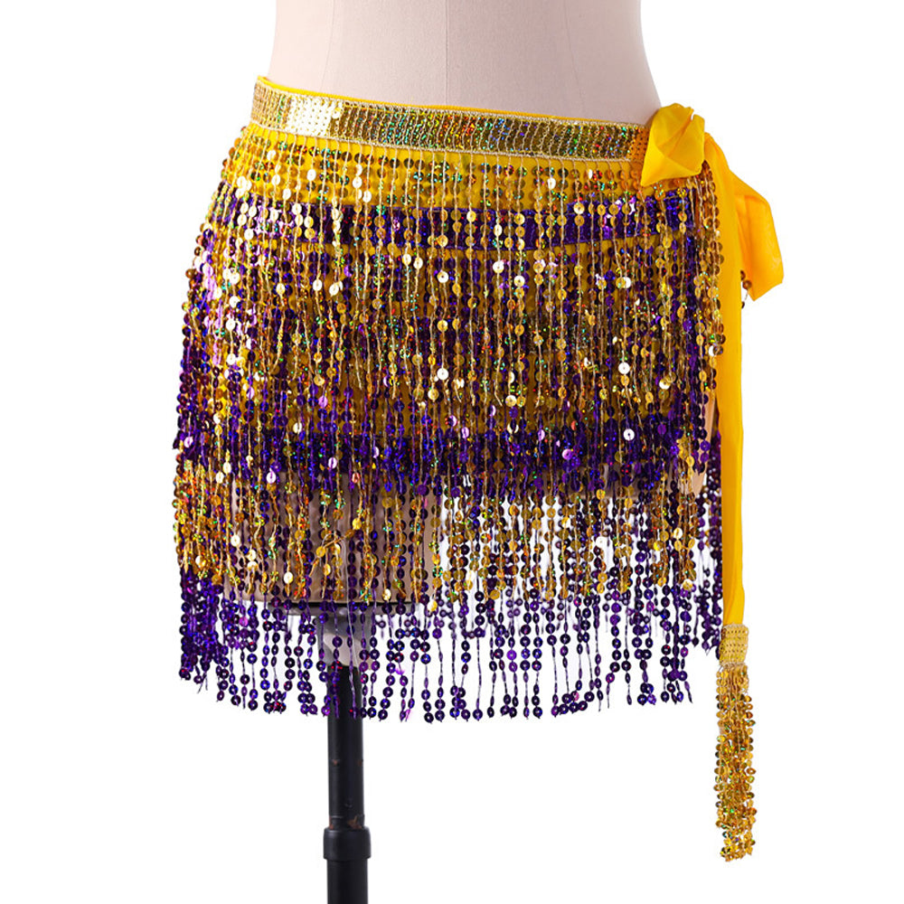 Sequined Fringed 4-Layers Drawstring Closure Belly Dance Waist Chain Skirt Hip Scarf Latin Skirt