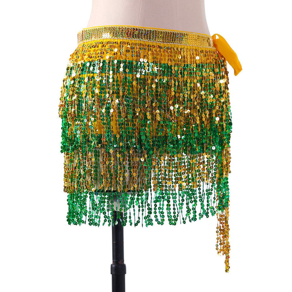 Sequined Fringed 4-Layers Drawstring Closure Belly Dance Waist Chain Skirt Hip Scarf Latin Skirt