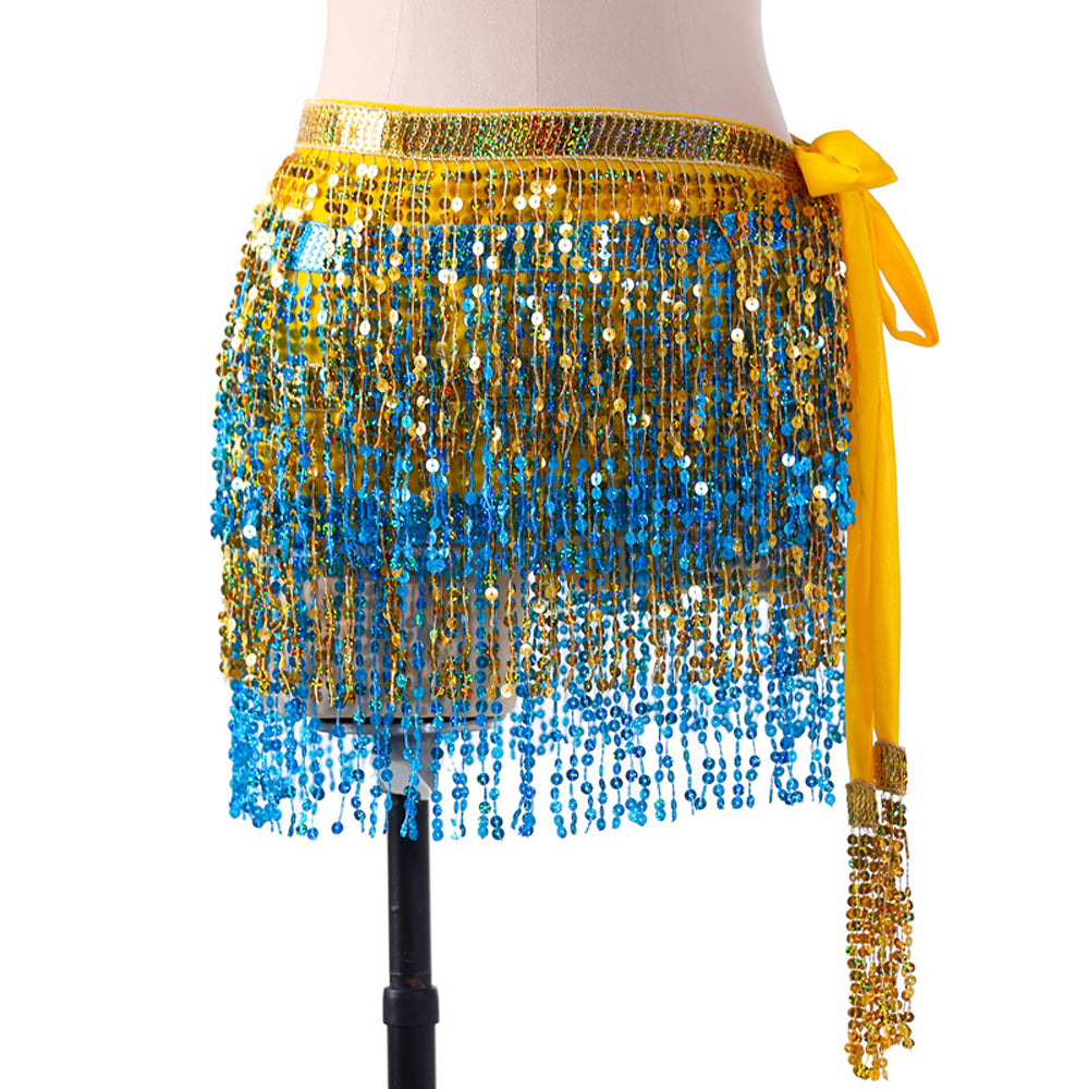 Sequined Fringed 4-Layers Drawstring Closure Belly Dance Waist Chain Skirt Hip Scarf Latin Skirt