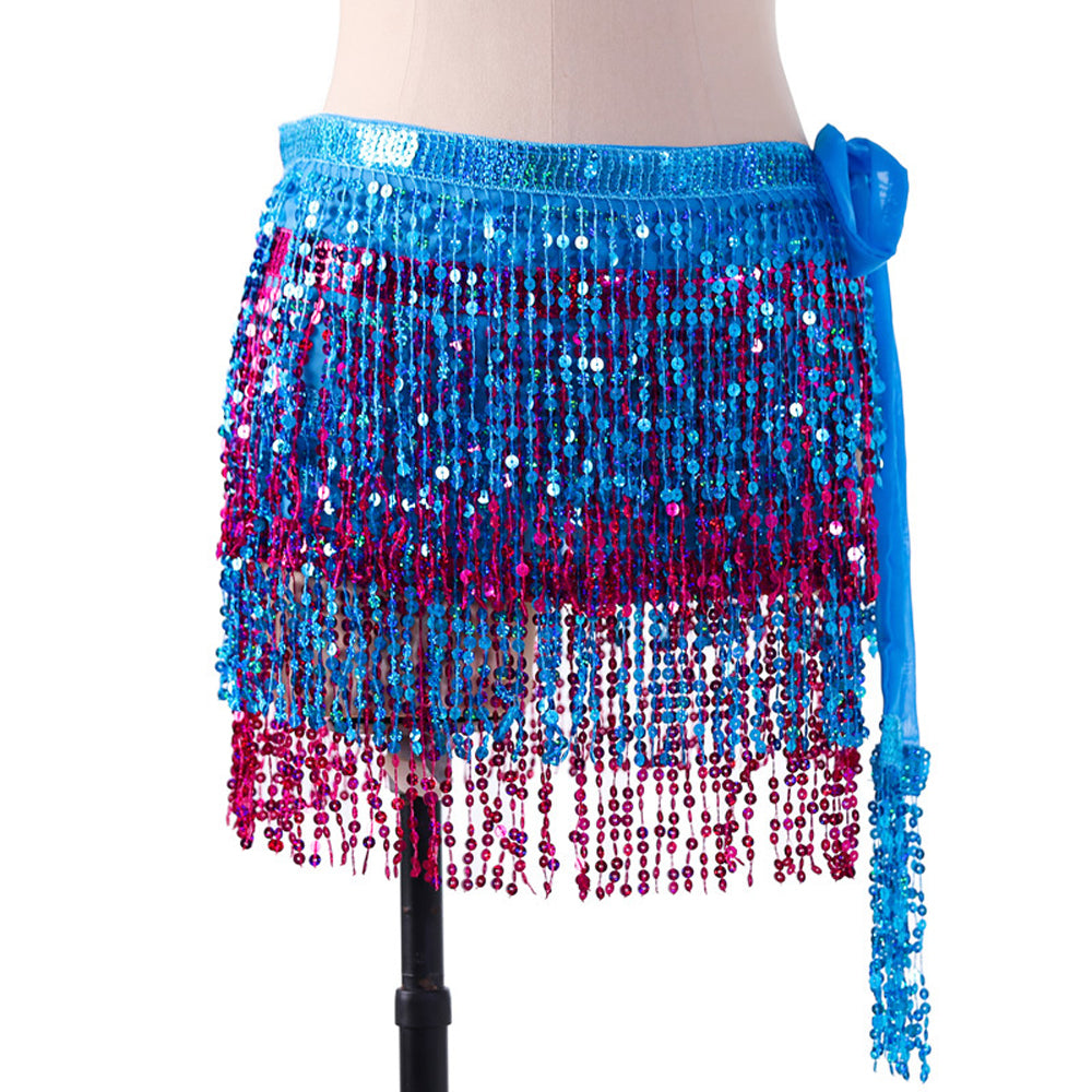Sequined Fringed 4-Layers Drawstring Closure Belly Dance Waist Chain Skirt Hip Scarf Latin Skirt