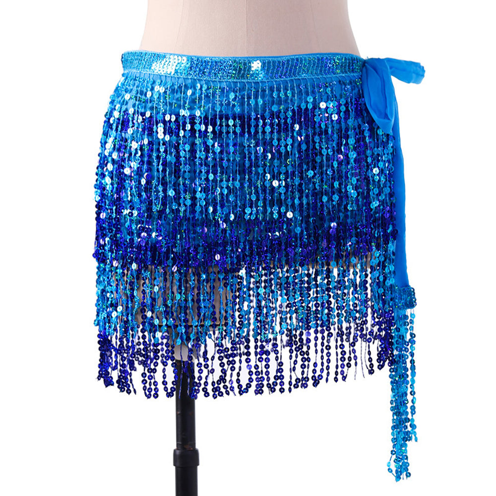 Sequined Fringed 4-Layers Drawstring Closure Belly Dance Waist Chain Skirt Hip Scarf Latin Skirt