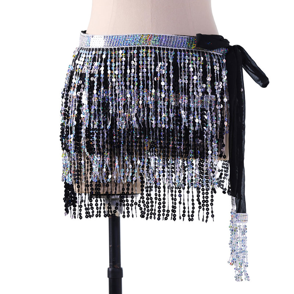 Sequined Fringed 4-Layers Drawstring Closure Belly Dance Waist Chain Skirt Hip Scarf Latin Skirt