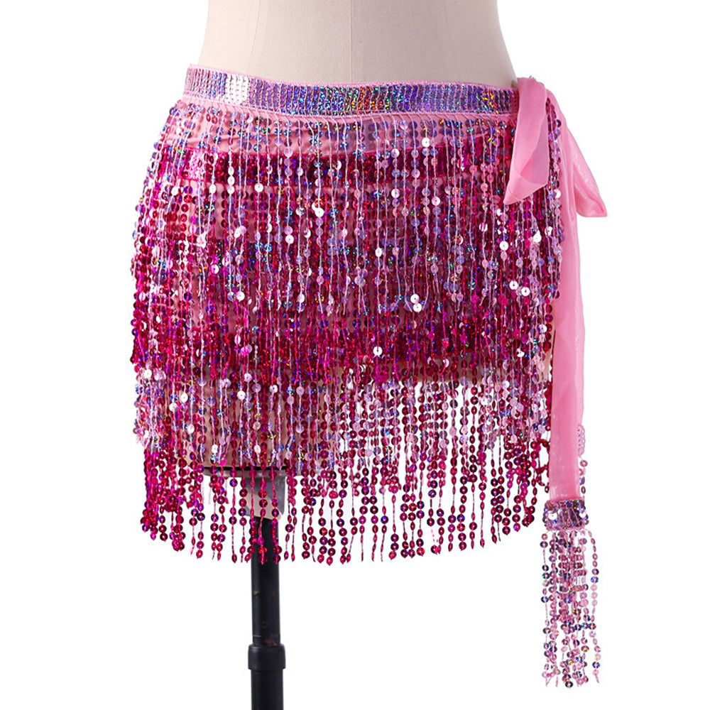 Sequined Fringed 4-Layers Drawstring Closure Belly Dance Waist Chain Skirt Hip Scarf Latin Skirt