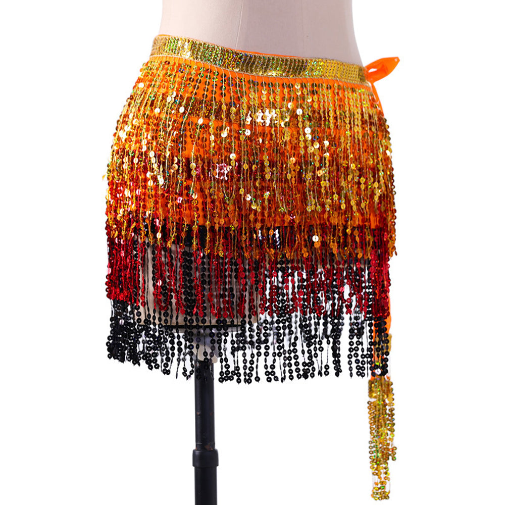 Sequined Fringed 4-Layers Drawstring Closure Belly Dance Waist Chain Skirt Hip Scarf Latin Skirt