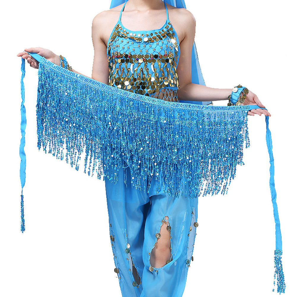 Sequined Fringed 4-Layers Drawstring Closure Belly Dance Waist Chain Skirt Hip Scarf Latin Skirt