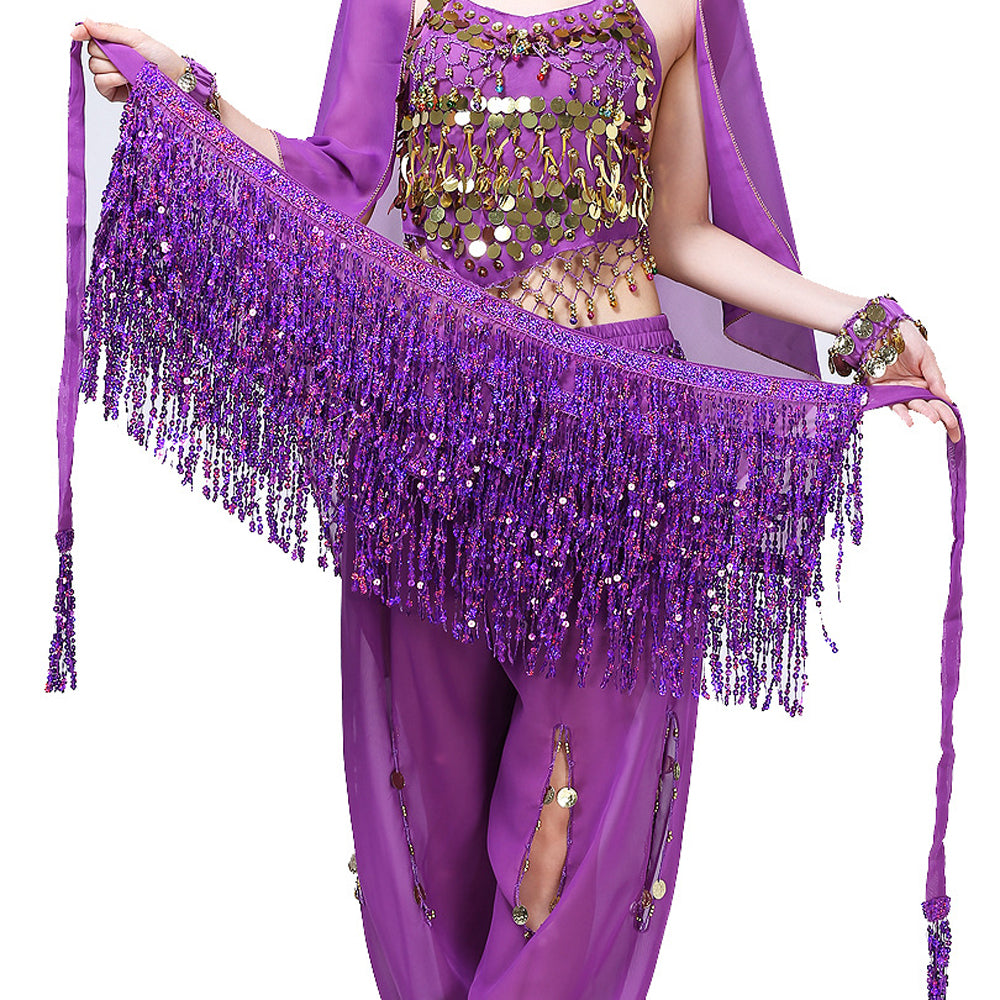 Sequined Fringed 4-Layers Drawstring Closure Belly Dance Waist Chain Skirt Hip Scarf Latin Skirt