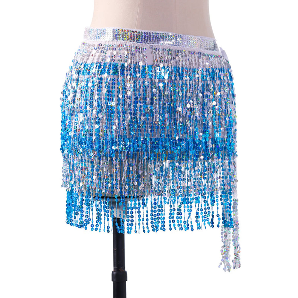 Sequined Fringed 4-Layers Drawstring Closure Belly Dance Waist Chain Skirt Hip Scarf Latin Skirt
