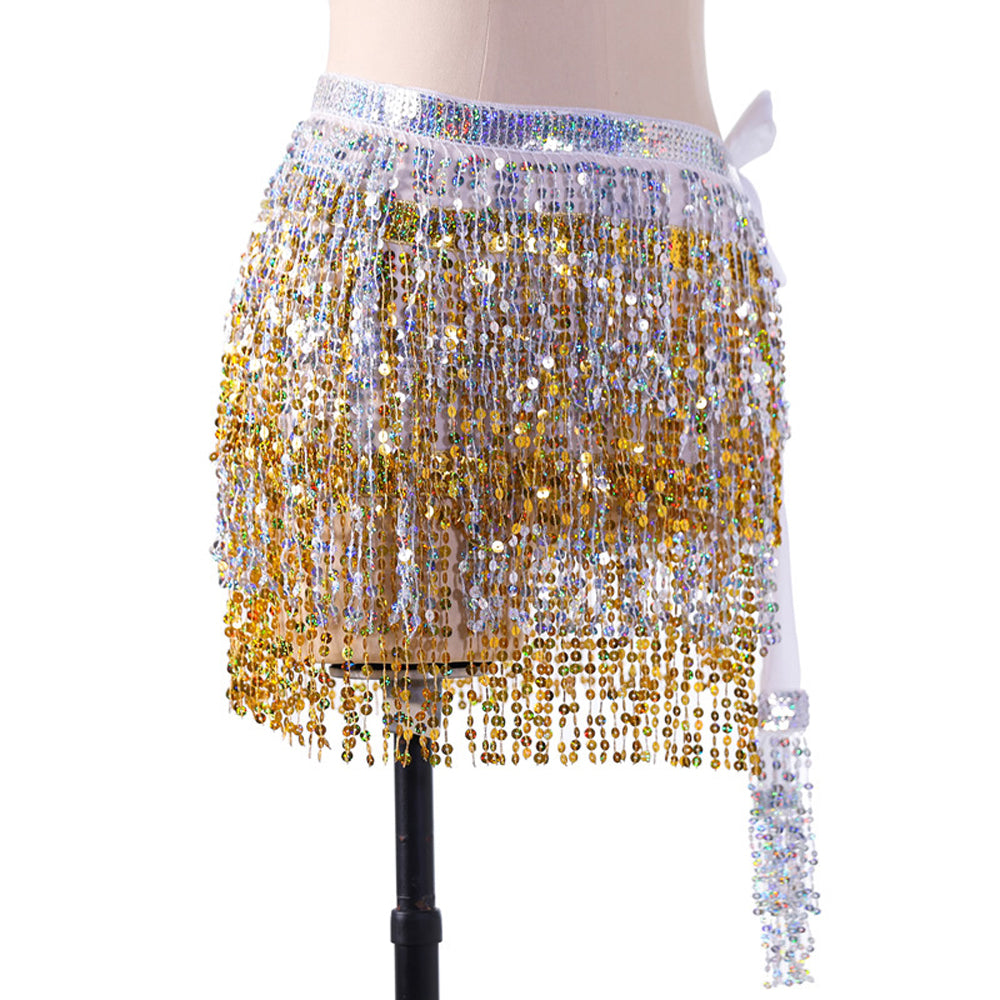 Sequined Fringed 4-Layers Drawstring Closure Belly Dance Waist Chain Skirt Hip Scarf Latin Skirt