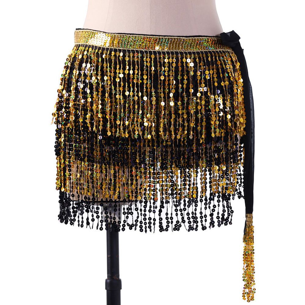Sequined Fringed 4-Layers Drawstring Closure Belly Dance Waist Chain Skirt Hip Scarf Latin Skirt