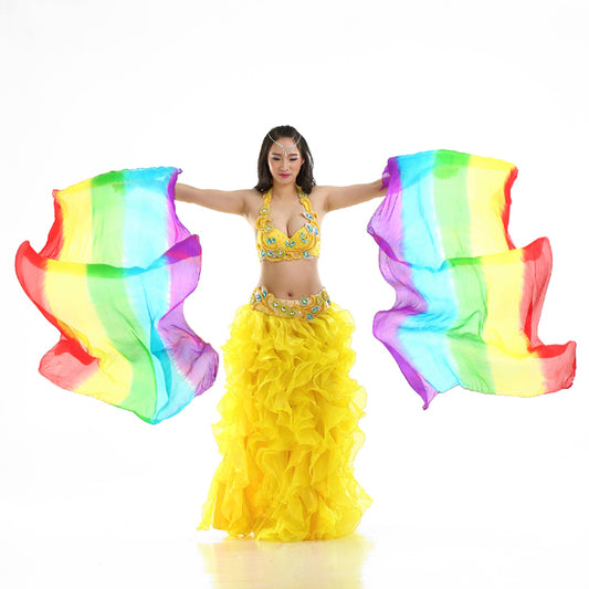 180x90cm 100% Real Silk Chinese Belly Dance Fans Veils Hand Made Rainbow Fans