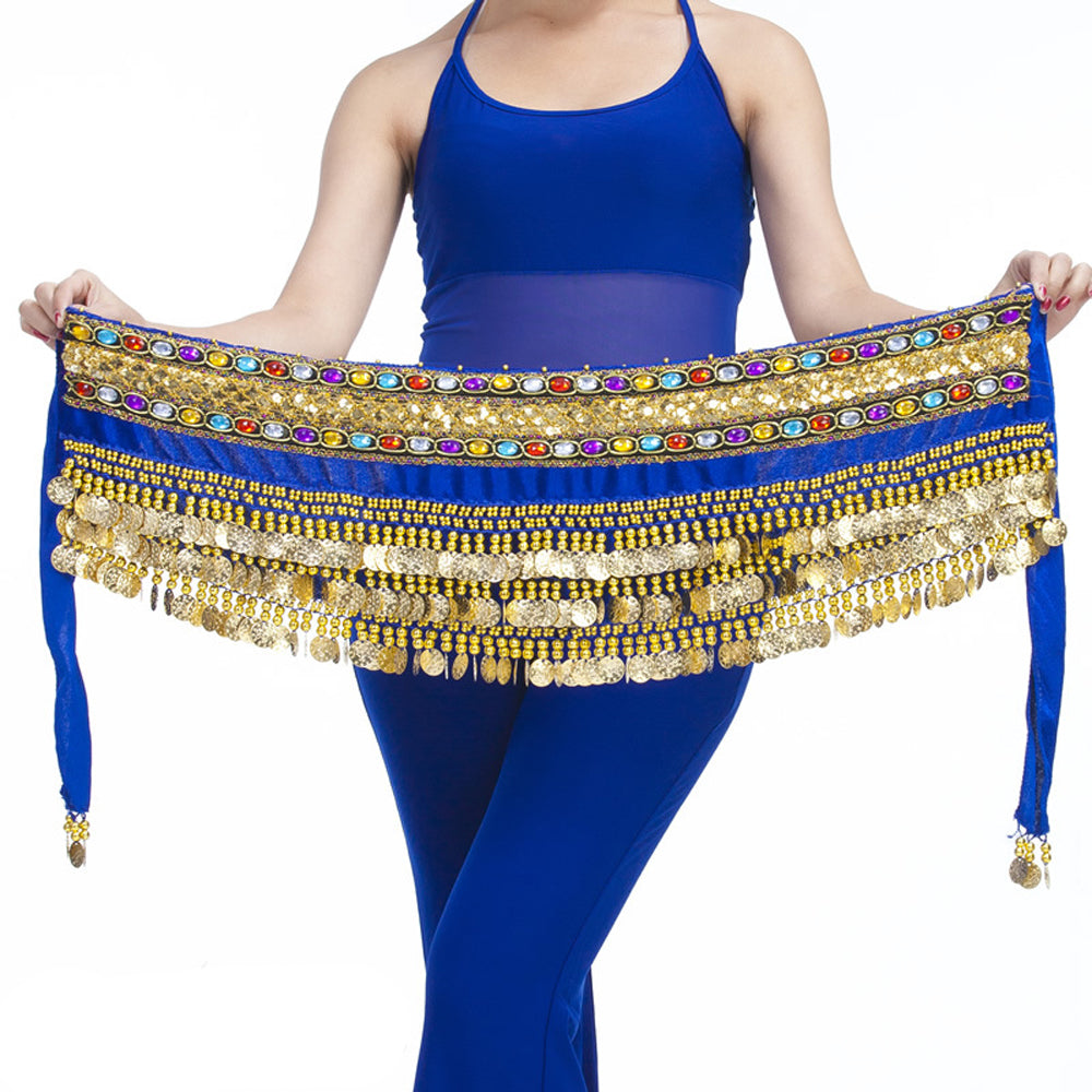 Belly Dance Wave Shape Hip Scarf with 248 Coins and Colorful Rhinestone, Belly Dance Waist Belts