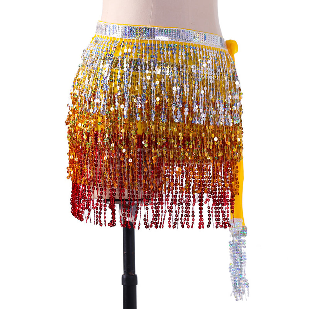 Sequined Fringed 4-Layers Drawstring Closure Belly Dance Waist Chain Skirt Hip Scarf Latin Skirt