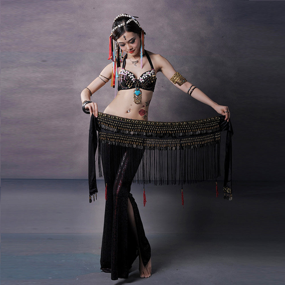Women's Belly Dance Tribal Hip Scarf with Fringe Coins Flannel