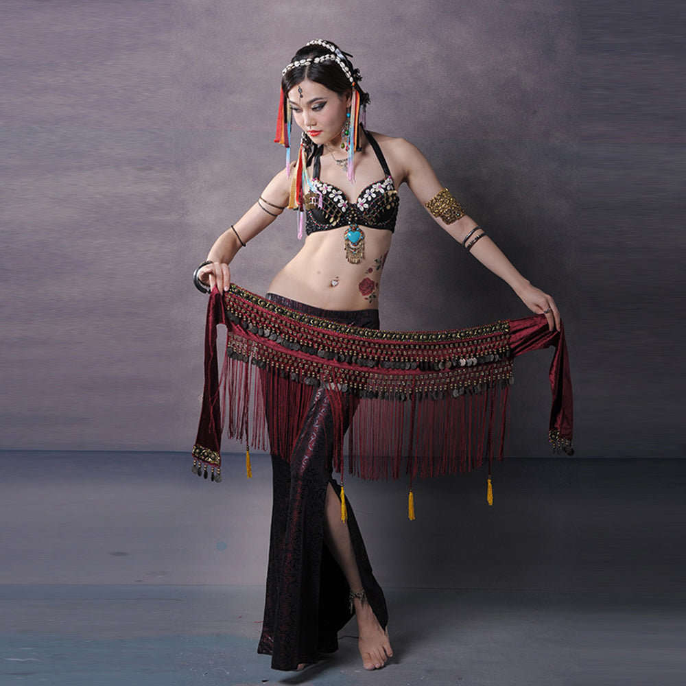 Women's Belly Dance Tribal Hip Scarf with Fringe Coins Flannel