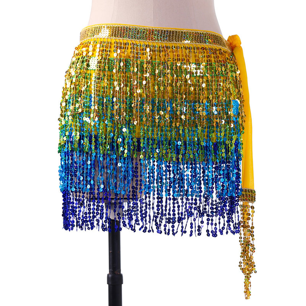 Sequined Fringed 4-Layers Drawstring Closure Belly Dance Waist Chain Skirt Hip Scarf Latin Skirt
