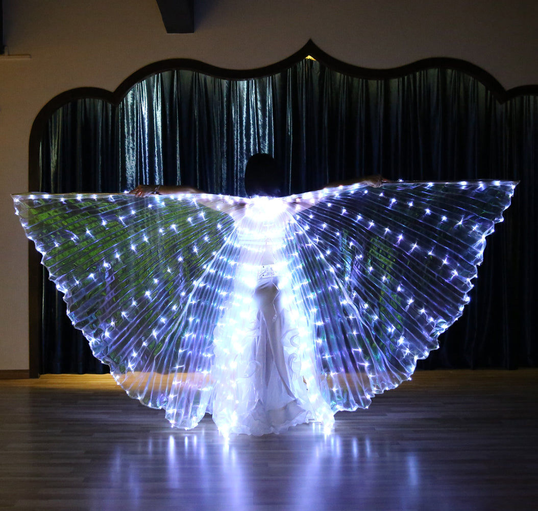 Alas de Isis con luz LED y abertura trasera de talla grande: alas iluminadas para danza del vientre, carnaval, Halloween, fiestas, clubes, con varillas telescópicas.