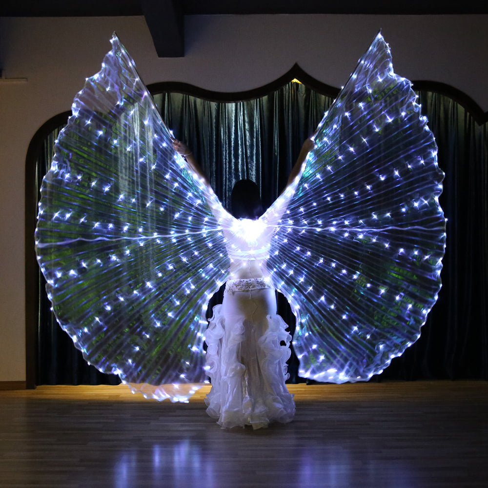 Alas de Isis con luz LED y abertura trasera de talla grande: alas iluminadas para danza del vientre, carnaval, Halloween, fiestas, clubes, con varillas telescópicas.
