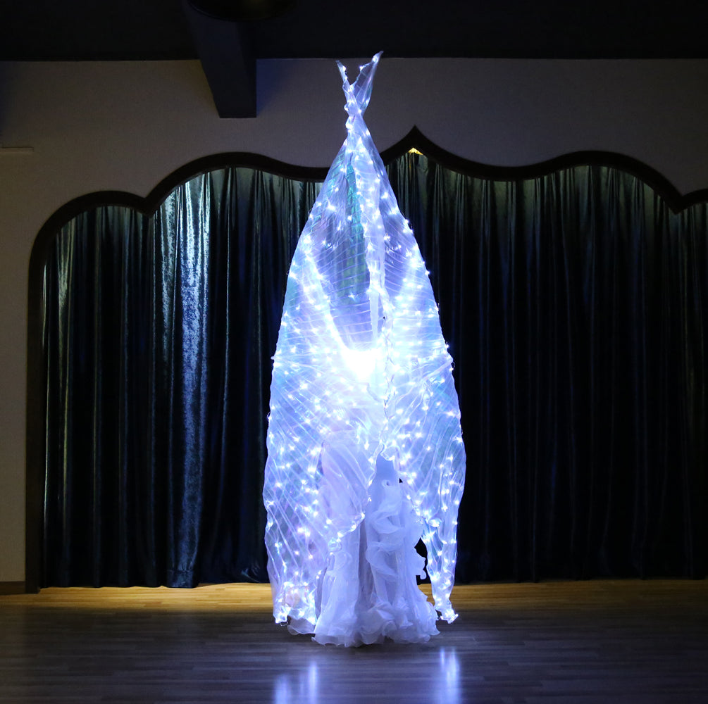 Alas de Isis con luz LED y abertura trasera de talla grande: alas iluminadas para danza del vientre, carnaval, Halloween, fiestas, clubes, con varillas telescópicas.