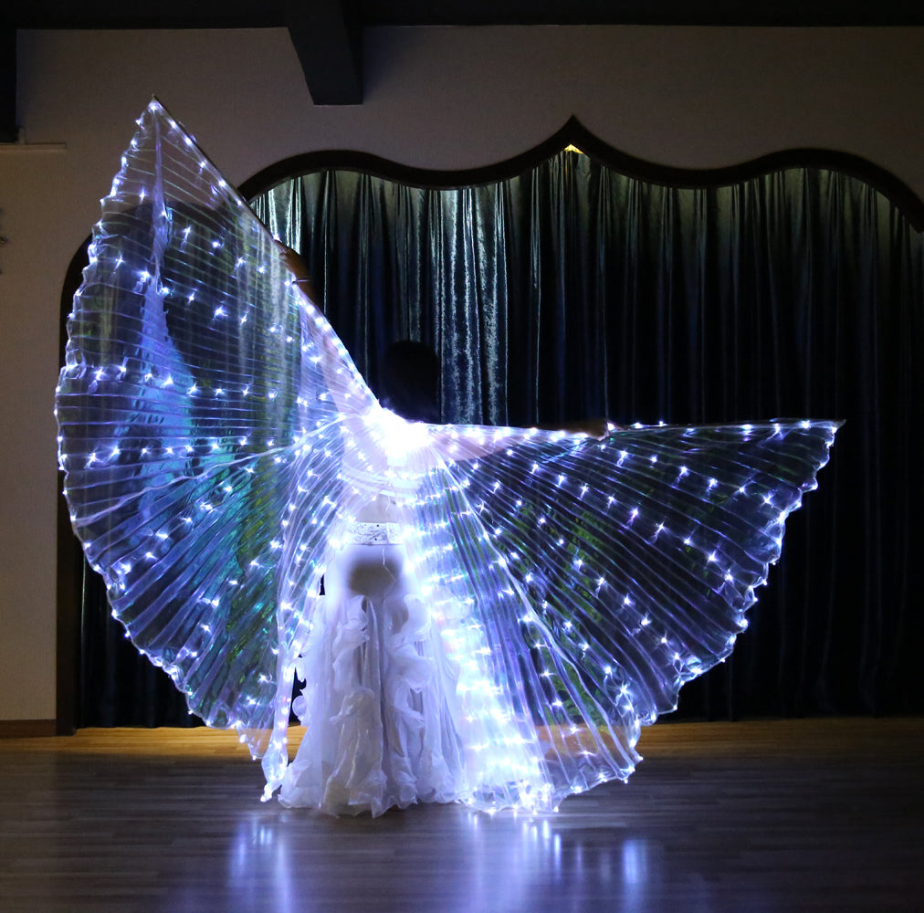 Alas de Isis con luz LED y abertura trasera de talla grande: alas iluminadas para danza del vientre, carnaval, Halloween, fiestas, clubes, con varillas telescópicas.