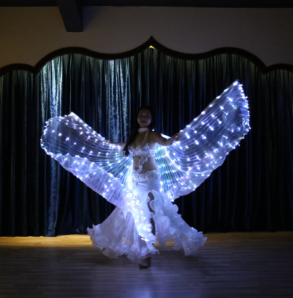 Alas de Isis con luz LED y abertura trasera de talla grande: alas iluminadas para danza del vientre, carnaval, Halloween, fiestas, clubes, con varillas telescópicas.
