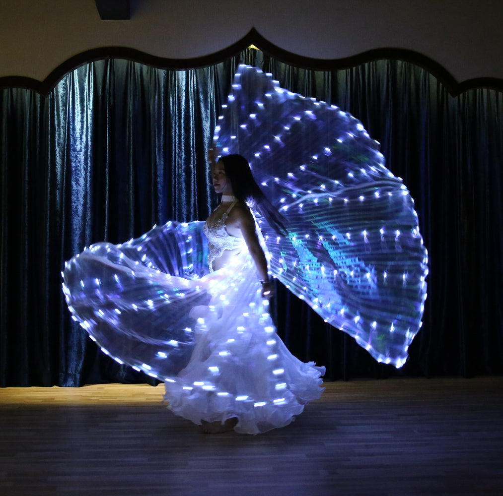 Alas de Isis con luz LED y abertura trasera de talla grande: alas iluminadas para danza del vientre, carnaval, Halloween, fiestas, clubes, con varillas telescópicas.