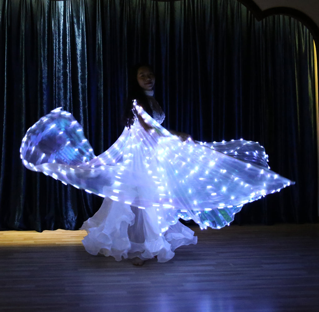 Alas de Isis con luz LED y abertura trasera de talla grande: alas iluminadas para danza del vientre, carnaval, Halloween, fiestas, clubes, con varillas telescópicas.
