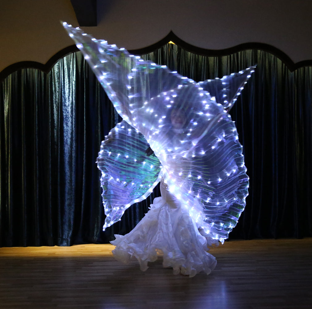 Alas de Isis con luz LED y abertura trasera de talla grande: alas iluminadas para danza del vientre, carnaval, Halloween, fiestas, clubes, con varillas telescópicas.