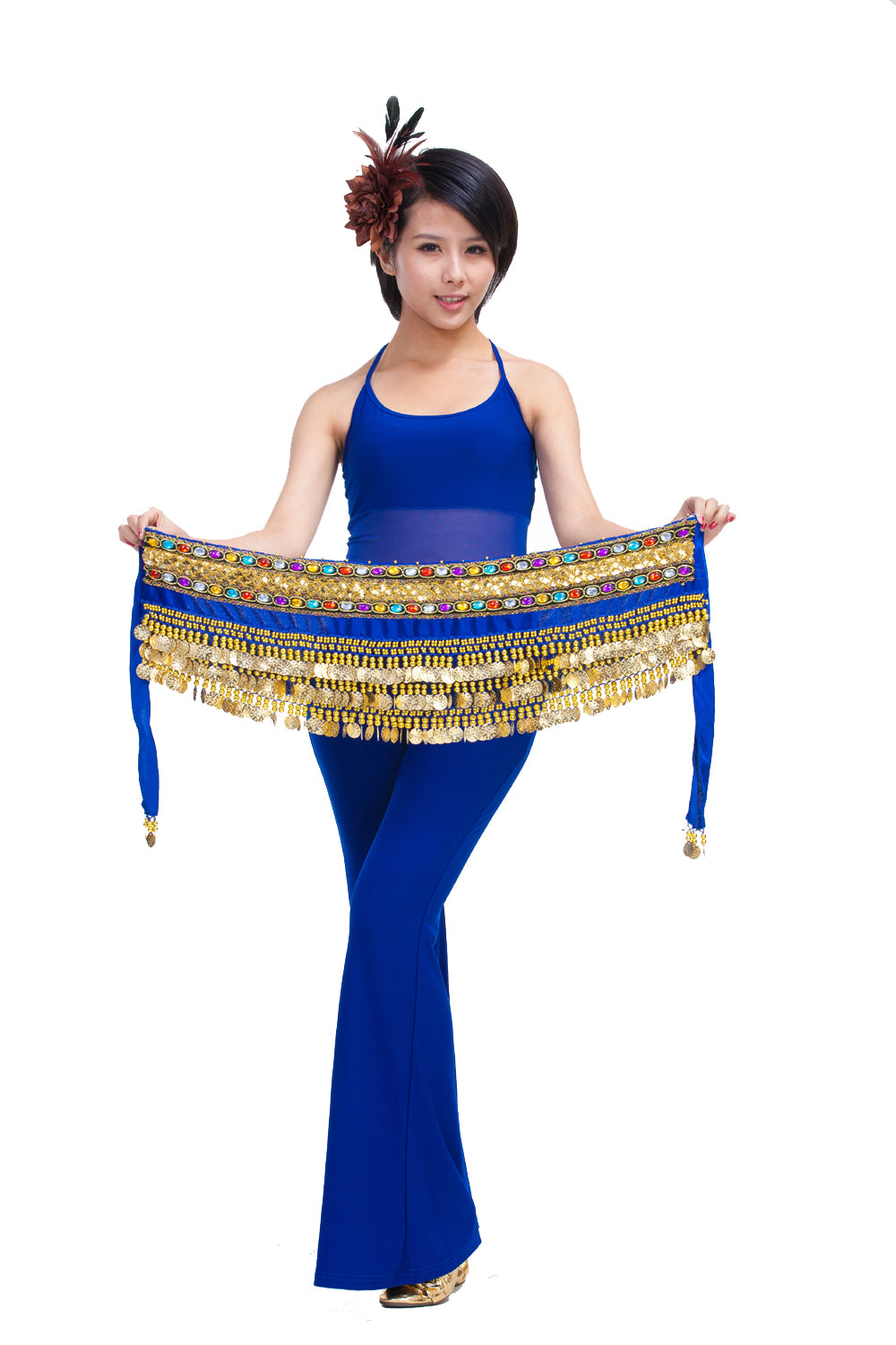 Belly Dance Wave Shape Hip Scarf with 248 Coins and Colorful Rhinestone, Belly Dance Waist Belts