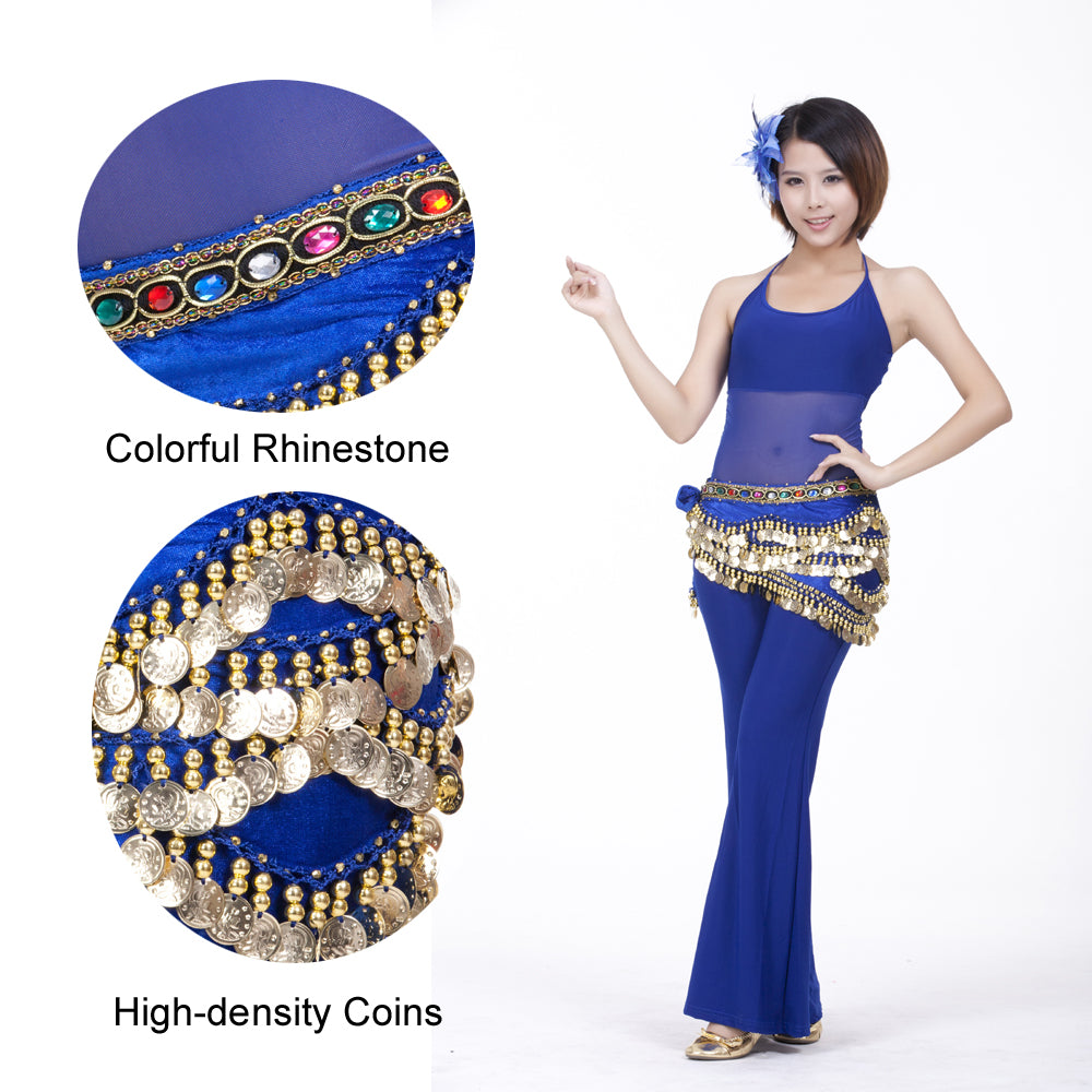 Belly Dance Wave Shape Hip Scarf with 328 Coins and Colorful Rhinestone, Belly Dance Waist Belts
