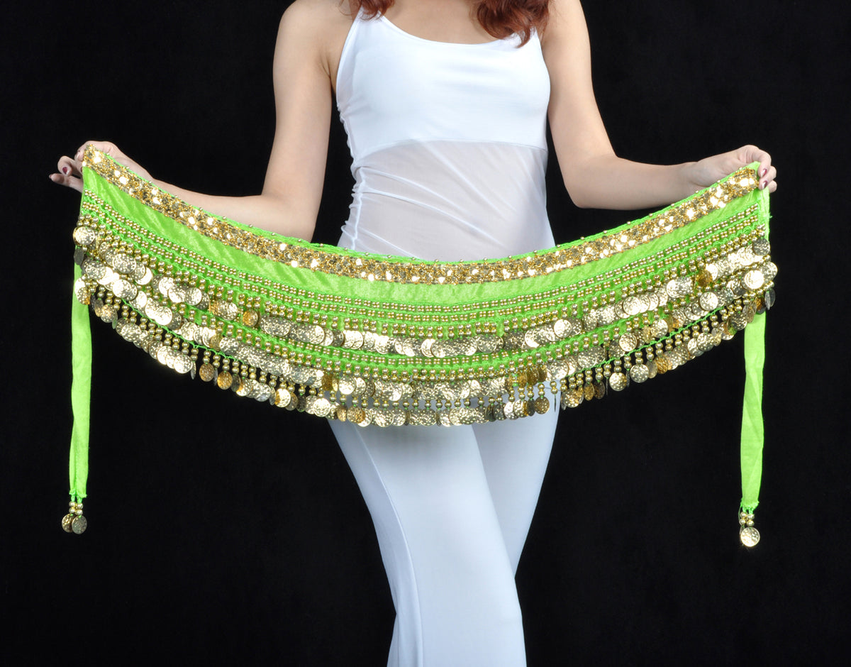 Women's Belly Dance Wave Shape Hip Scarf with 248 Gold Coins and Beads, Belly Dance Waist Belts