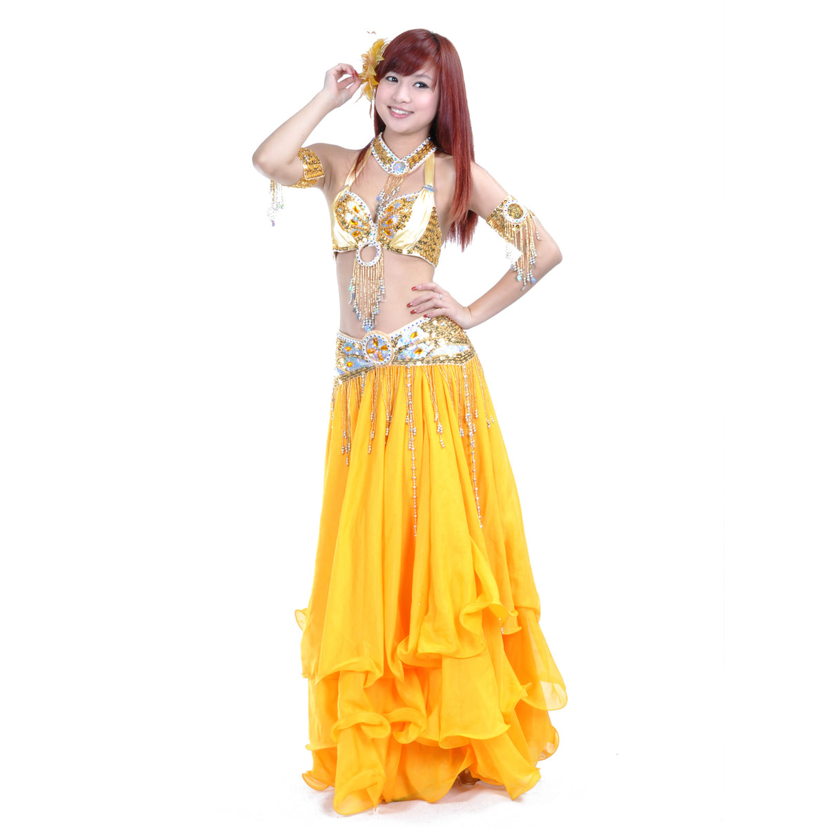Tribal Belly Dance Costumes with 3-Layers Skirt and Beaded Bra Belly Dance Dress