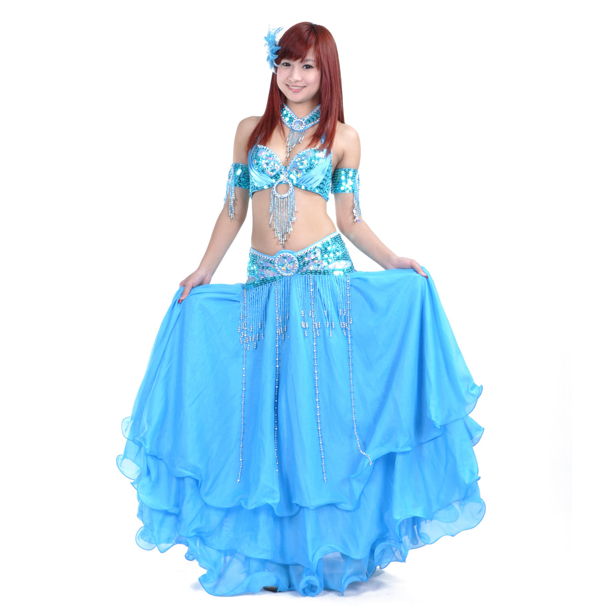 Tribal Belly Dance Costumes with 3-Layers Skirt and Beaded Bra Belly Dance Dress