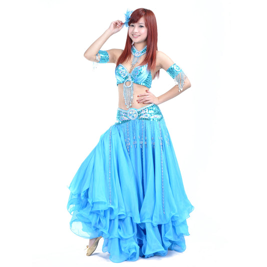 Tribal Belly Dance Costumes with 3-Layers Skirt and Beaded Bra Belly Dance Dress