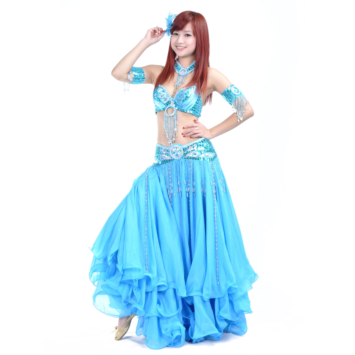 Tribal Belly Dance Costumes with 3-Layers Skirt and Beaded Bra Belly Dance Dress