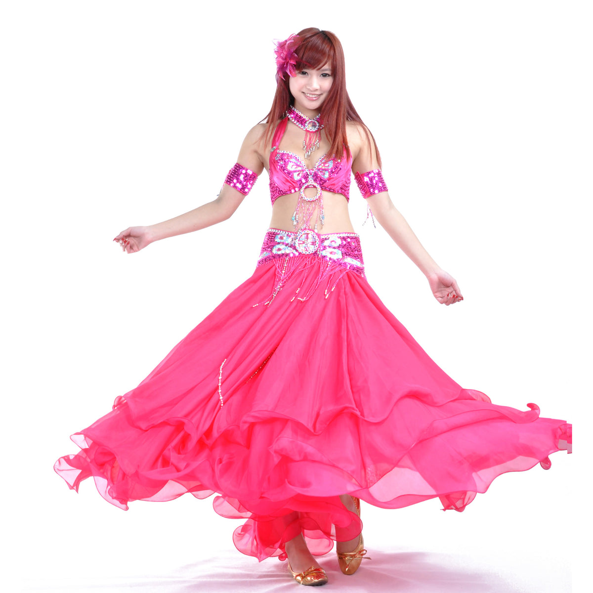 Tribal Belly Dance Costumes with 3-Layers Skirt and Beaded Bra Belly Dance Dress