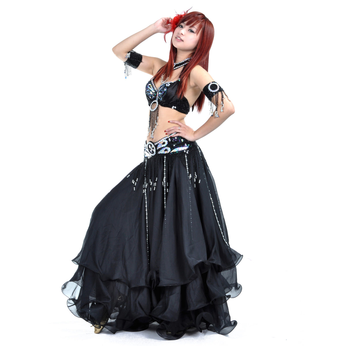 Tribal Belly Dance Costumes with 3-Layers Skirt and Beaded Bra Belly Dance Dress