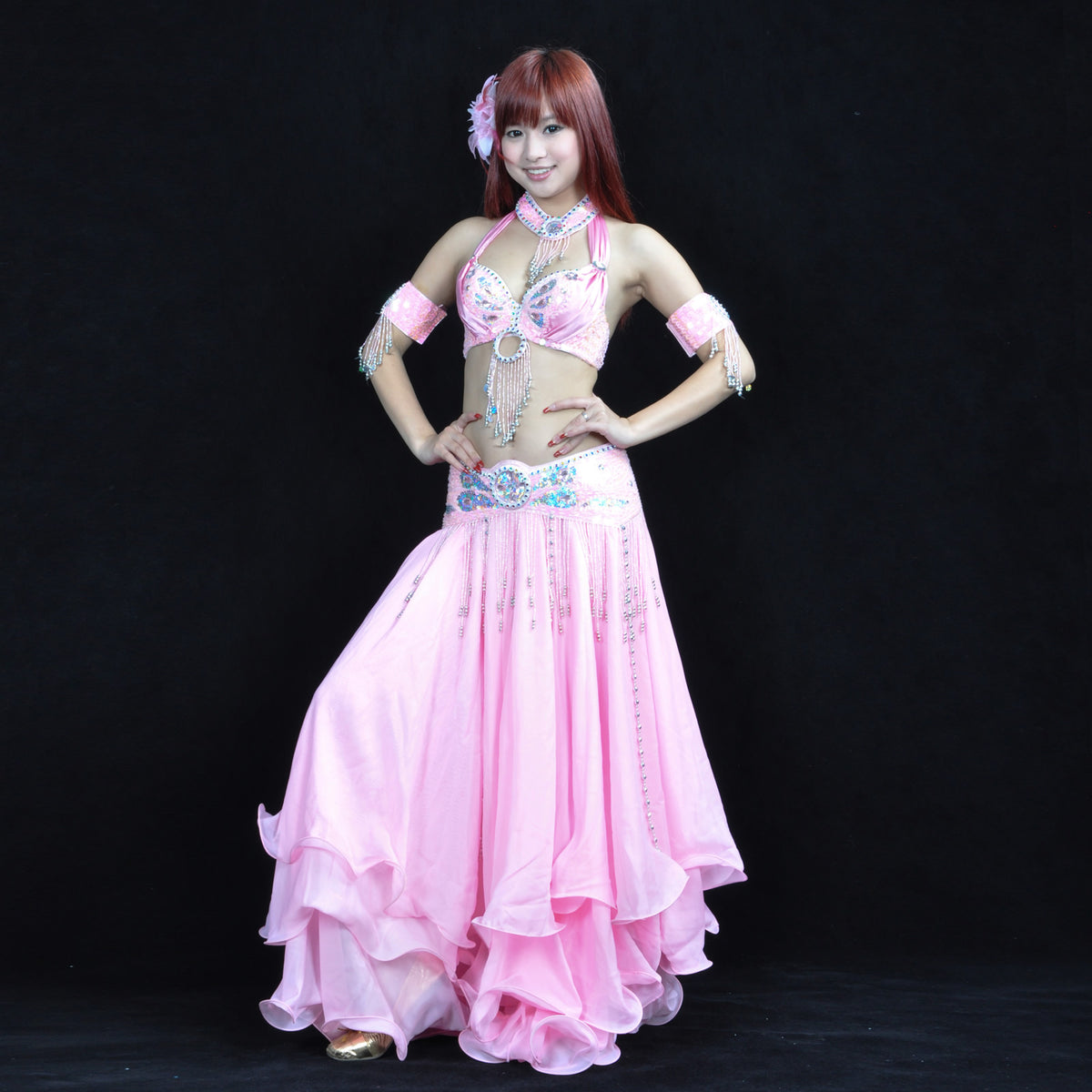 Tribal Belly Dance Costumes with 3-Layers Skirt and Beaded Bra Belly Dance Dress
